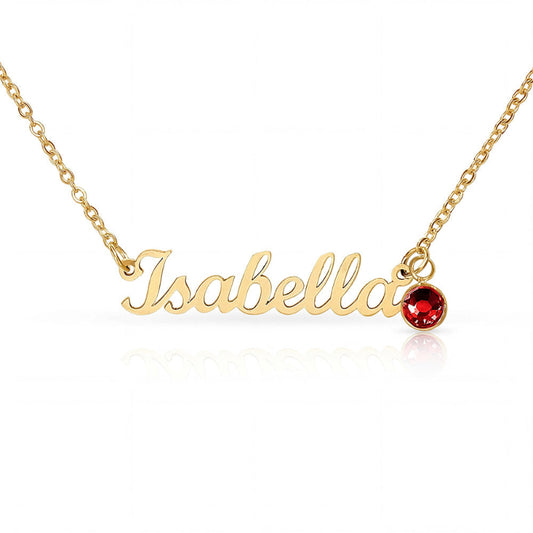 Gold necklace with 'Isabella' pendant and red gemstone on a white background
