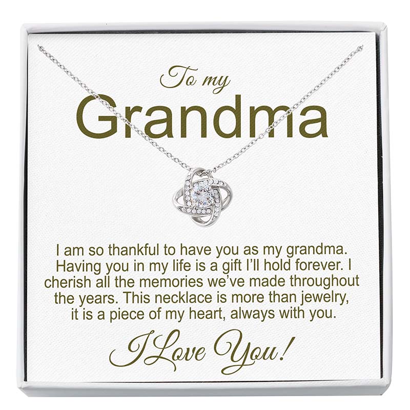 Grandma Jewelry: Necklace with a knot pendant on a card addressed to 'Grandma' with a sentimental message.