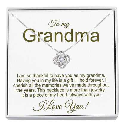 Grandma Jewelry: Necklace with a knot pendant on a card addressed to 'Grandma' with a sentimental message.