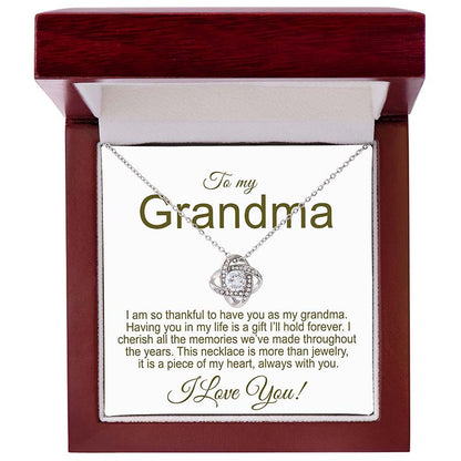 Grandma Personalized Gift: Love knot necklace with a sentimental message card for a grandma in a mahogany style gift box.