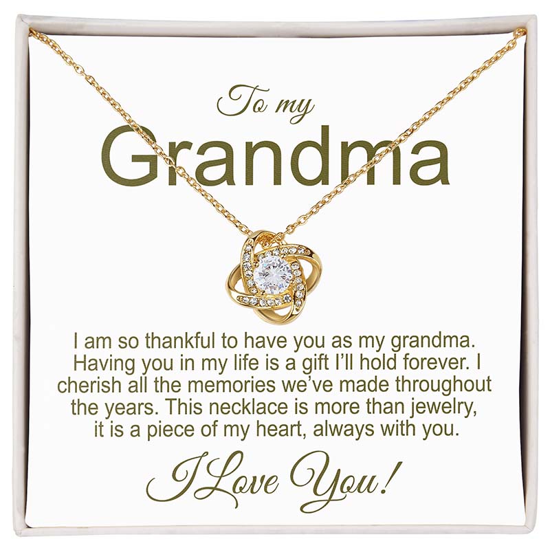 Knot Necklace 18K Yellow Gold Finish on a card for grandma with sentimental message.