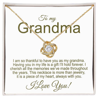 Knot Necklace 18K Yellow Gold Finish on a card for grandma with sentimental message.