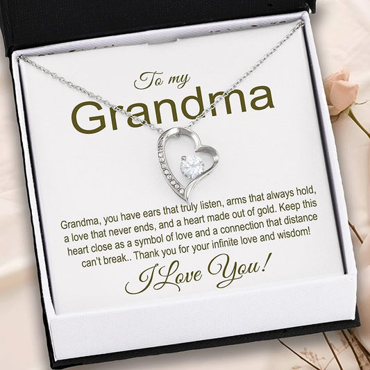 Grandma Necklace Heart-shaped in a gift box with a thoughtful message for a grandma.
