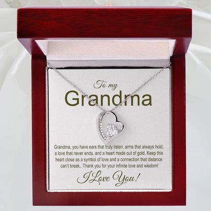 Grandma Gift Silver Heart-shaped necklace in a wooden box with a sentimental message for a grandma.