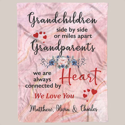 Decorative blanket with floral design and text about grandchildren and  grandparents on a beige background