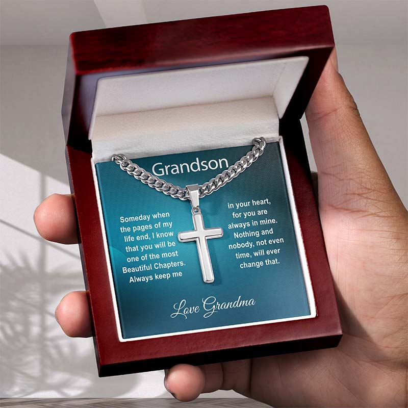 grandson gift: Silver cross necklace in a wooden box with a sentimental message to grandson.