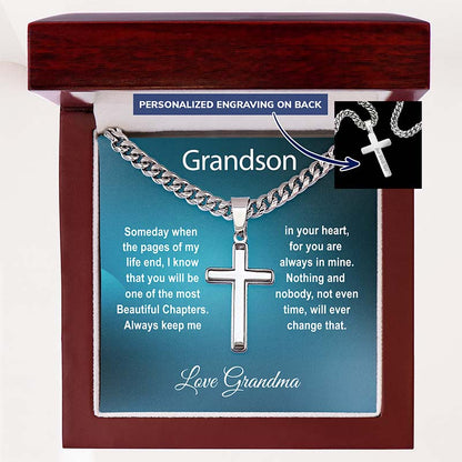 personalized grandson jewelry: Cross necklace engraved with card message in a wooden box