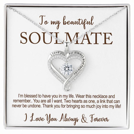 romantic gift for her: heart-shaped necklace with a message card for a soulmate on a white background