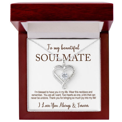 sentimental gift for her: soulmate necklace with heart design in a wooden box with sentimental message
