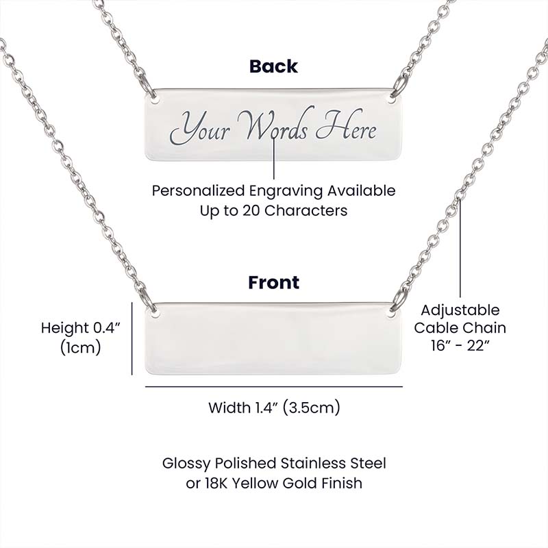 Silver-toned rectangular necklace pendant with chain, shown front and back on a white background with measurement labels, engraving text, and finish options.