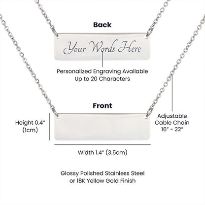 Silver-toned rectangular necklace pendant with chain, shown front and back on a white background with measurement labels, engraving text, and finish options.