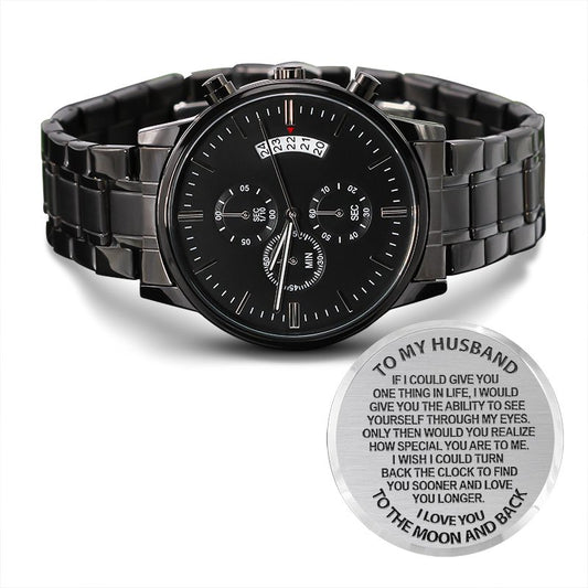 Black wristwatch with a sentimental message engraving on a white background that reads 'To My Husband I love You To The Moon and Back" - Gifts For Family Online