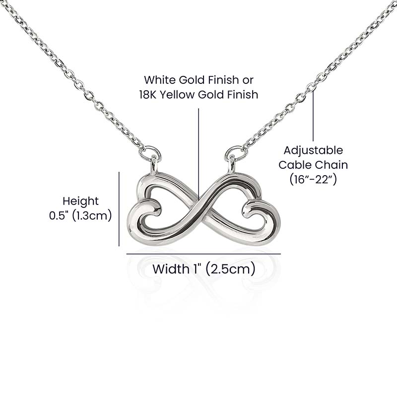 Size chart for the infinity heart necklace, showing a 1" width, 0.5" height, and an adjustable 16"-22" cable chain.