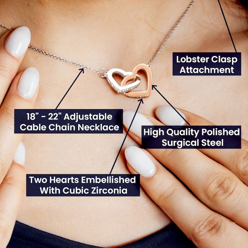 Necklace with heart design and adjustable cable chain worn by a person, with text labels on features.