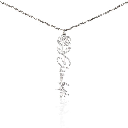 Silver custom birth flower name necklace with January birth flower carnation pendant and customized "Elizabeth' engraving on a white background