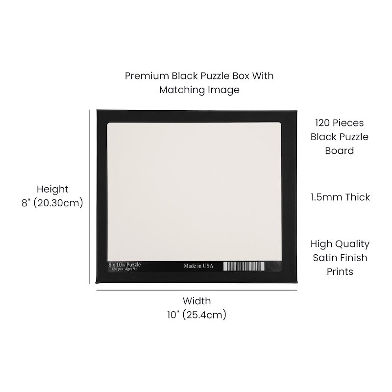 Custom photo puzzle size diagram showing 8x10 inch dimensions and product specifications on a black box template.