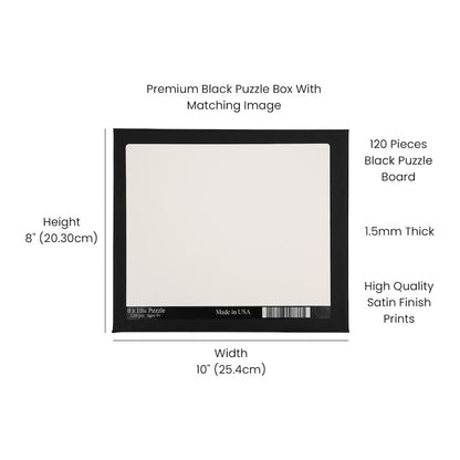 Custom photo puzzle size diagram showing 8x10 inch dimensions and product specifications on a black box template.