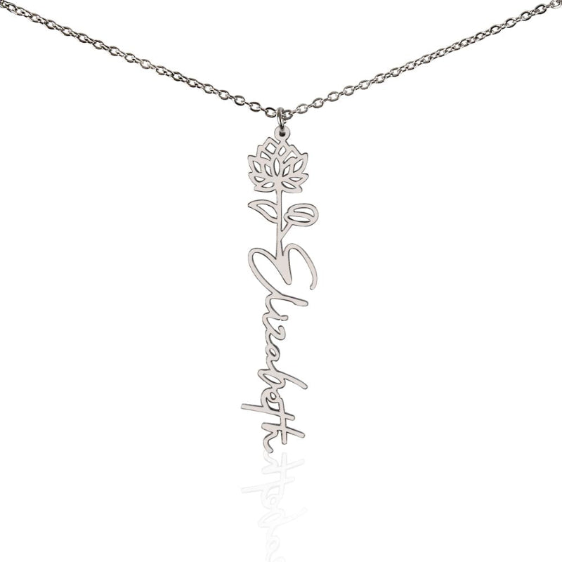 Silver necklace name custom with July birth flower water lily pendant and personalized Elizabeth engraving on a white background