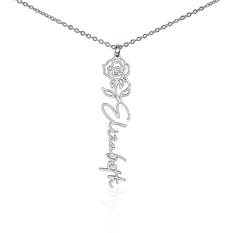 Personalized name necklace with June birth flower rose pendant and customized Elizabeth engraving on a white background