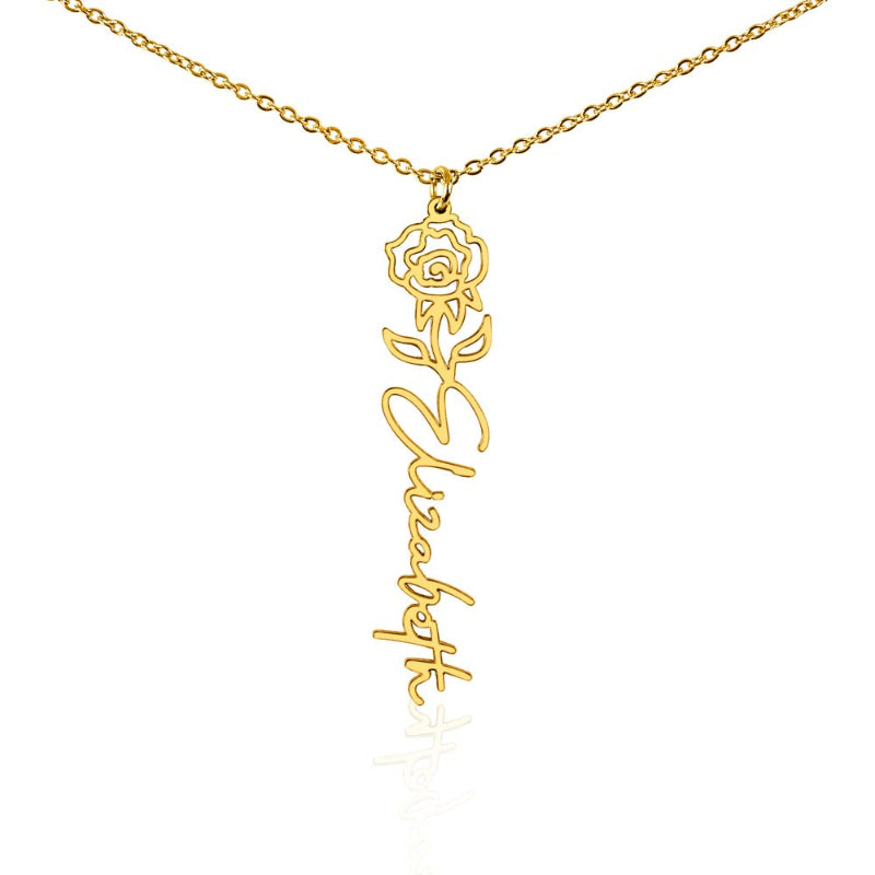 Personalized name necklace in gold with June birth flower rose pendant and customized 'Elizabeth' engraving on a white background