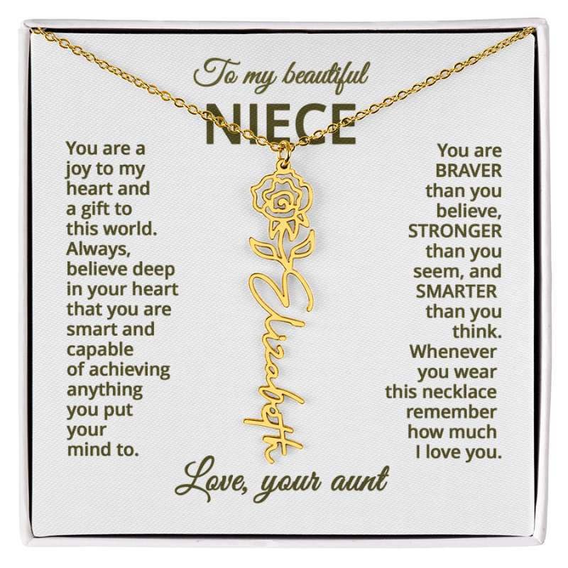 Gold name necklace with rose flower design on a personalized card message for niece in a white box