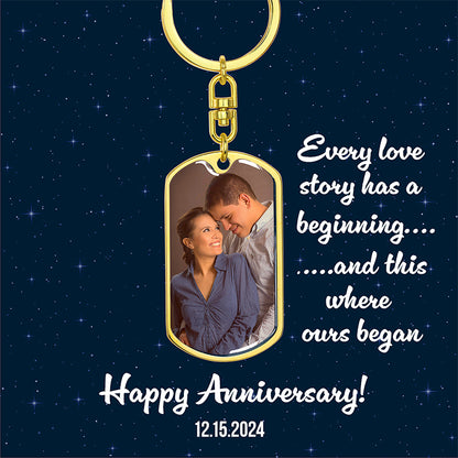 A custom keychain with a dog tag pendant featuring an couple, with a personalized message that reads 'Happy Anniversary! - Gifts For Family Online