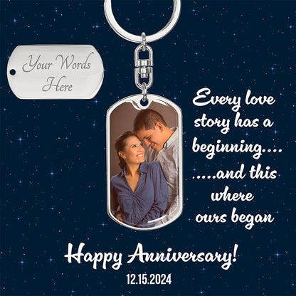 A keychain personalized with photo featuring a dog tag pendant showing a couple, with a personalized message that reads 'Happy Anniversary! - Gifts For Family Online