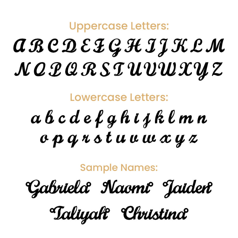 Display of uppercase, lowercase letters, and sample names in a decorative font on a white background.