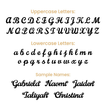 Display of uppercase, lowercase letters, and sample names in a decorative font on a white background.