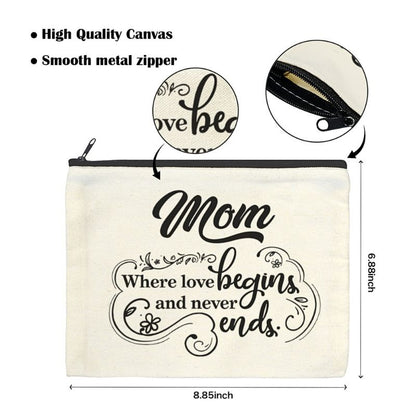 Cosmetics bag with 'Mom where love begins and never ends' text, smooth metal zipper, high-quality canvas material.
