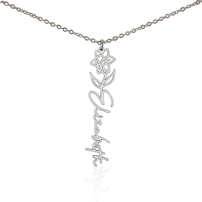 Silver flower birth name necklace with March birth flower daffodil pendant and customized name "Elizabeth' engraving on a white background