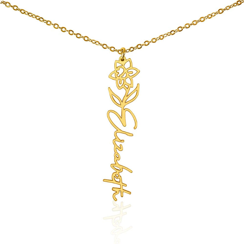 Gold custom vertical name necklace  with March birth flower daffodil pendant and customized 'Elizabeth' engraving on a white background

