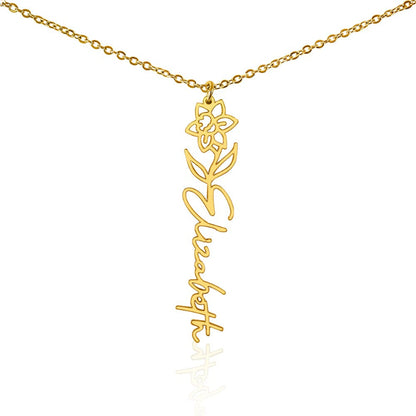 Gold custom vertical name necklace  with March birth flower daffodil pendant and customized 'Elizabeth' engraving on a white background

