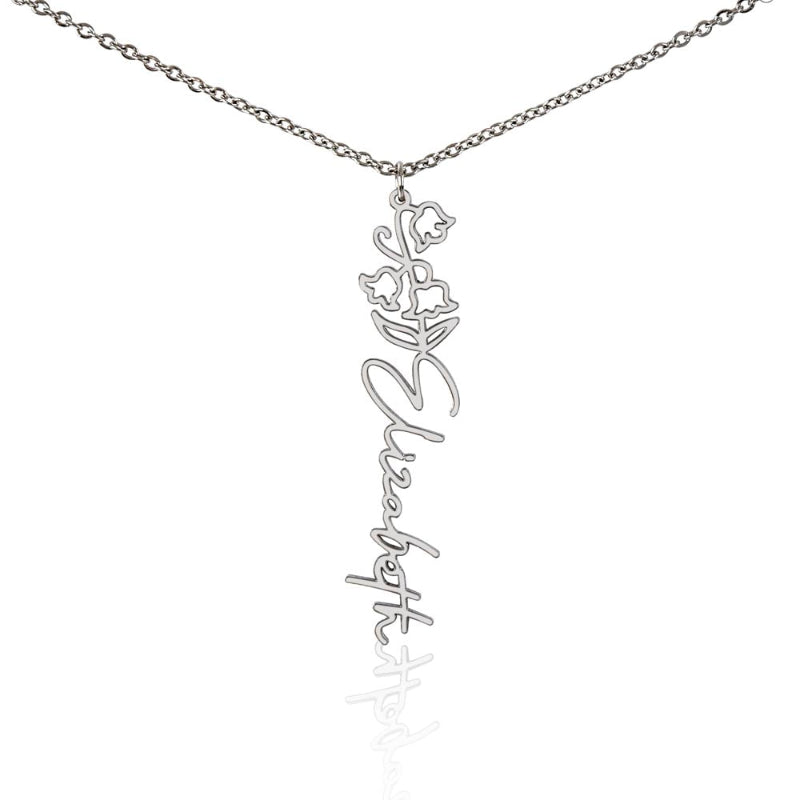 Customized silver name necklace with May birth flower lily of the valley pendant and custom Elizabeth engraving on a white background