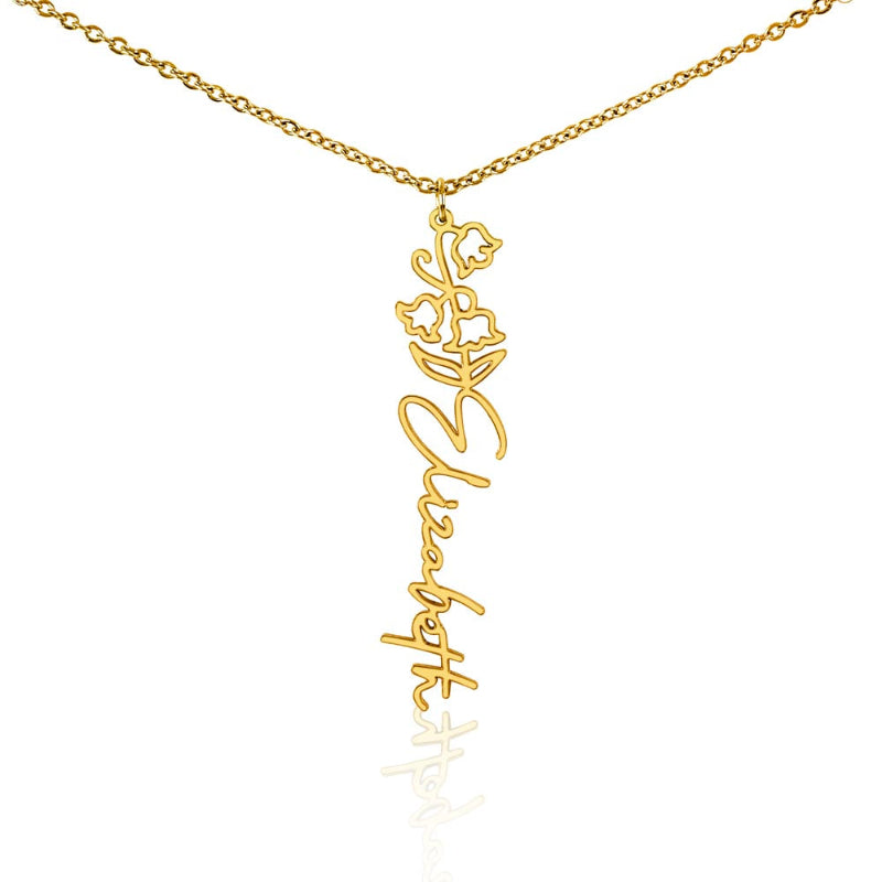 Custom vertical name necklace with May flower birth lily of the valley pendant and personalized 'Elizabeth' engraving on a white background