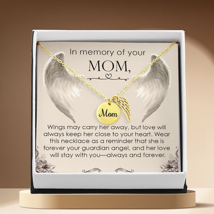 Necklace with angel wings and 'Mom' pendant in a decorative box with sentimental message.