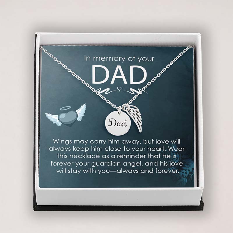 dad remembrance gift: necklace with 'Dad' pendant in a box with sentimental message