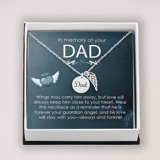 dad remembrance gift: necklace with 'Dad' pendant in a box with sentimental message
