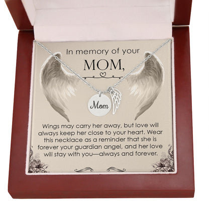 Necklace with angel wings and 'Mom' pendant in a decorative box with sentimental message.
