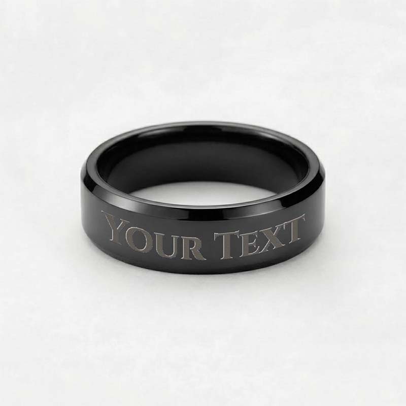 Personalized men's black plated band ring featuring custom outer text engraving