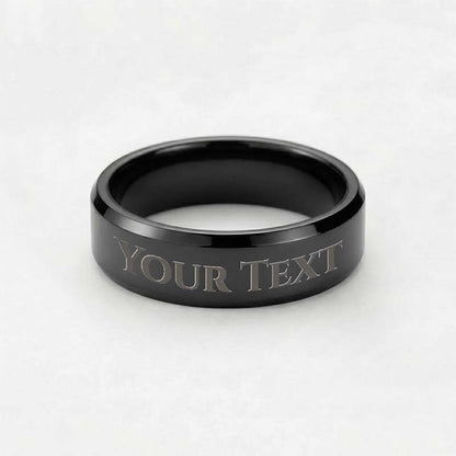 Personalized men's black plated band ring featuring custom outer text engraving