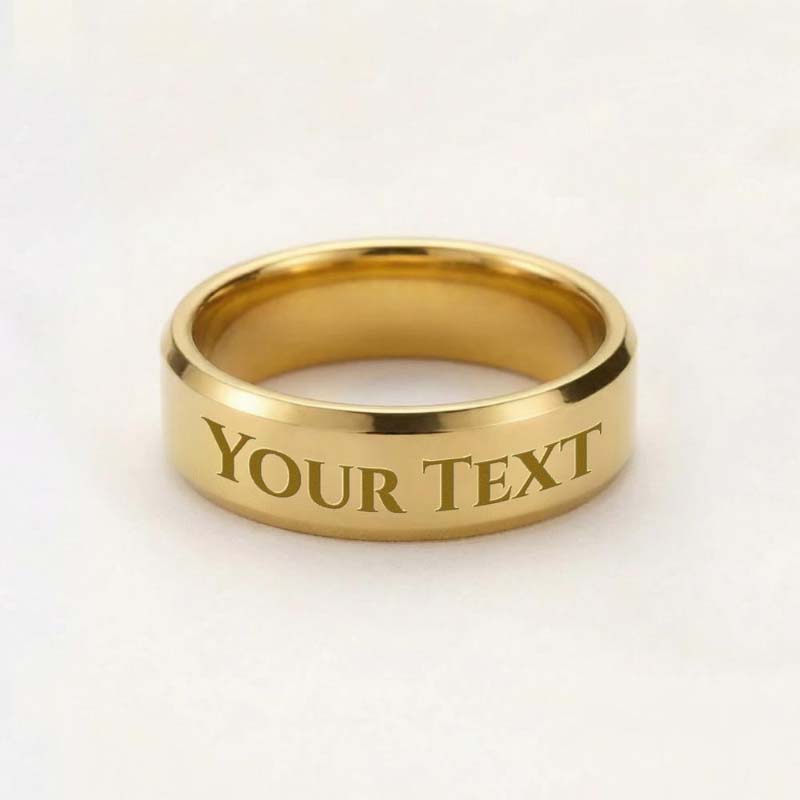 Personalized men's gold band ring featuring custom outer text engraving