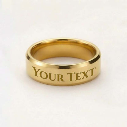 Personalized men's gold band ring featuring custom outer text engraving