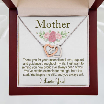 Necklace with a sentimental message card for 'Mother' in a box