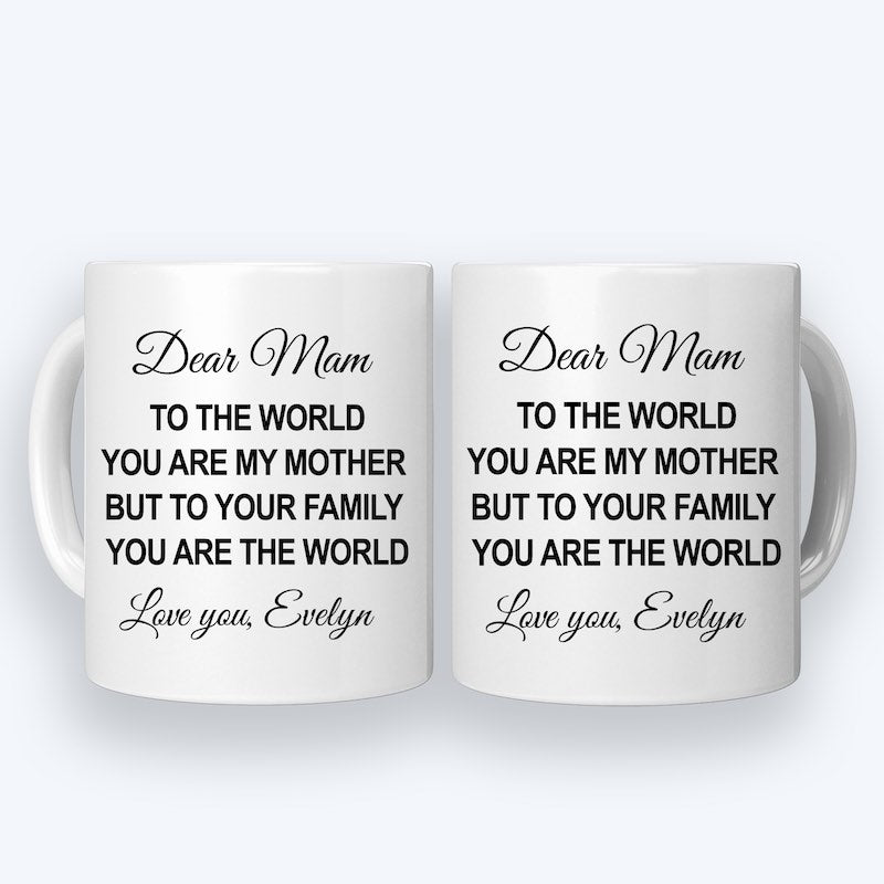 Front and back views of a white ceramic mug featuring a heartfelt message for Mom, customized with the name "Evelyn."