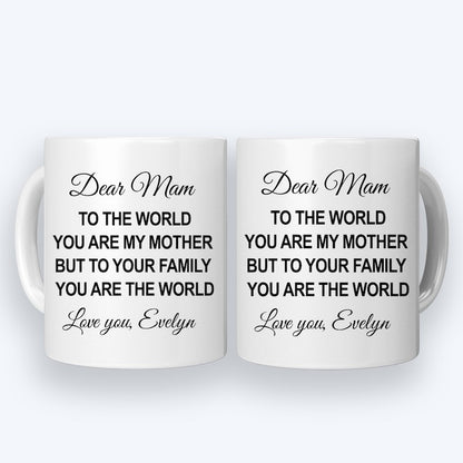 Front and back views of a white ceramic mug featuring a heartfelt message for Mom, customized with the name "Evelyn."