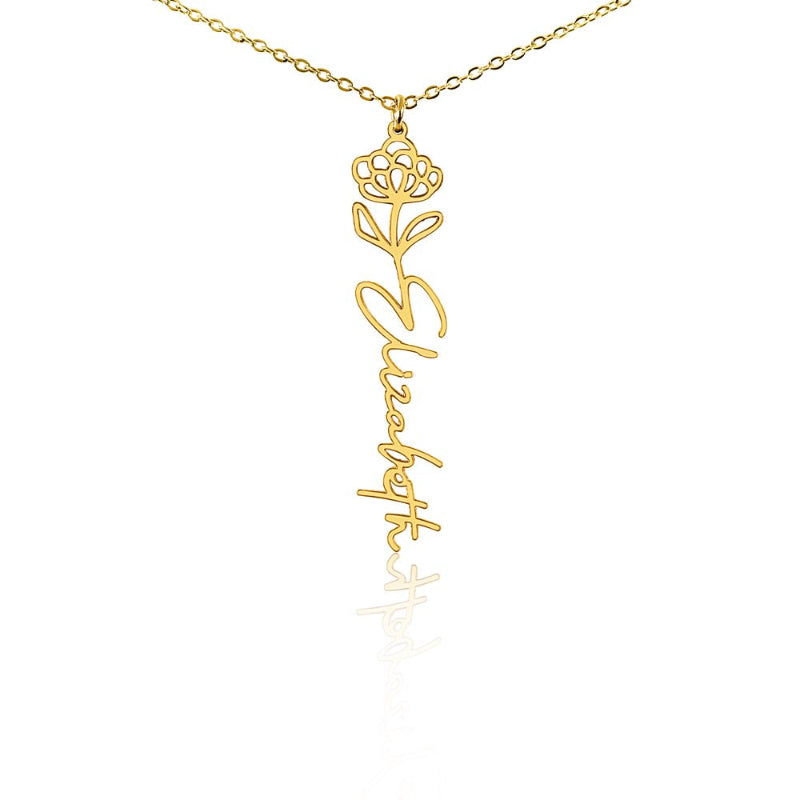 Gold flower birth name necklace with
November birth flower chrysanthemum pendant and custom 'Elizabeth' engraving on a white background