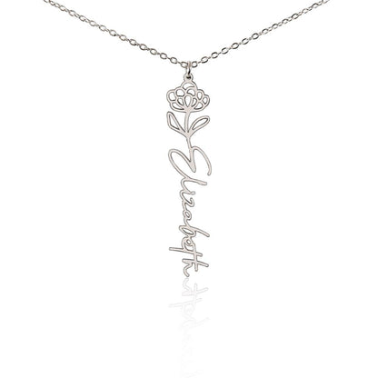 Silver custom cursive name necklace with November birth flower Chrysanthemum pendant and customized 'Elizabeth engraving on a white background

