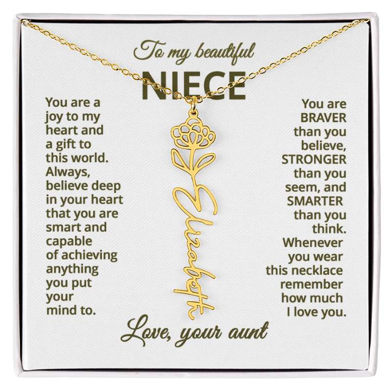 Gold name necklace and chrysanthemum  flower pendant on a card with sentimental message for niece on a white background 
