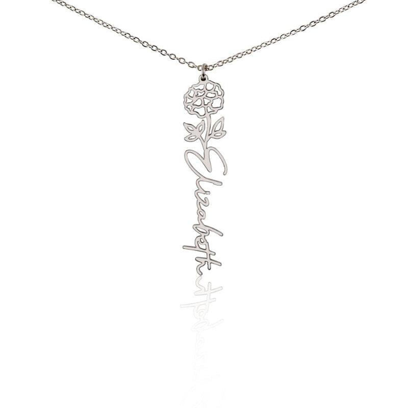 Silver custom vertical name necklace with October birth flower marigold pendant and custom "Elizabeth' engraving on a white background